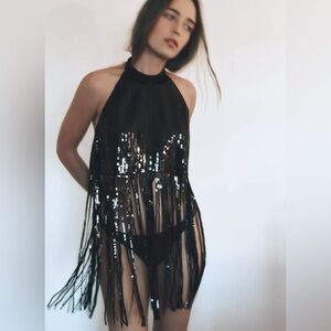 ZARA SEQUIN FRINGE HALTER TOP